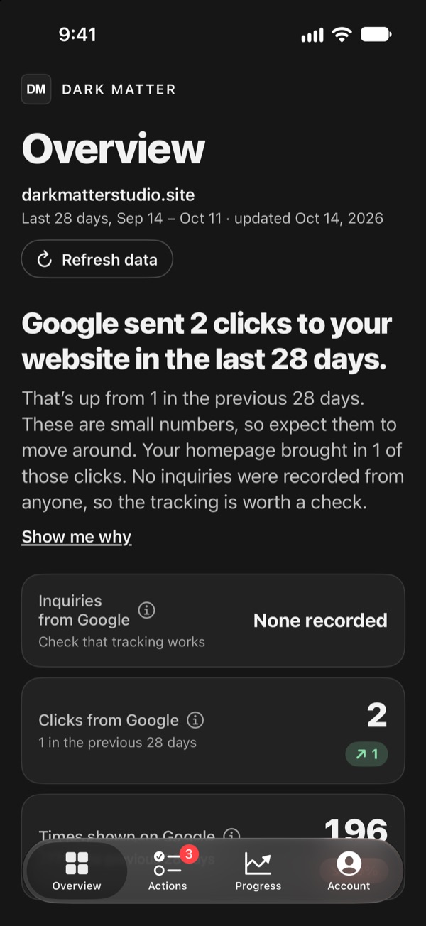 SEO Machine on iPhone: the overview, opening with a plain-English summary of what Google sent the site this month